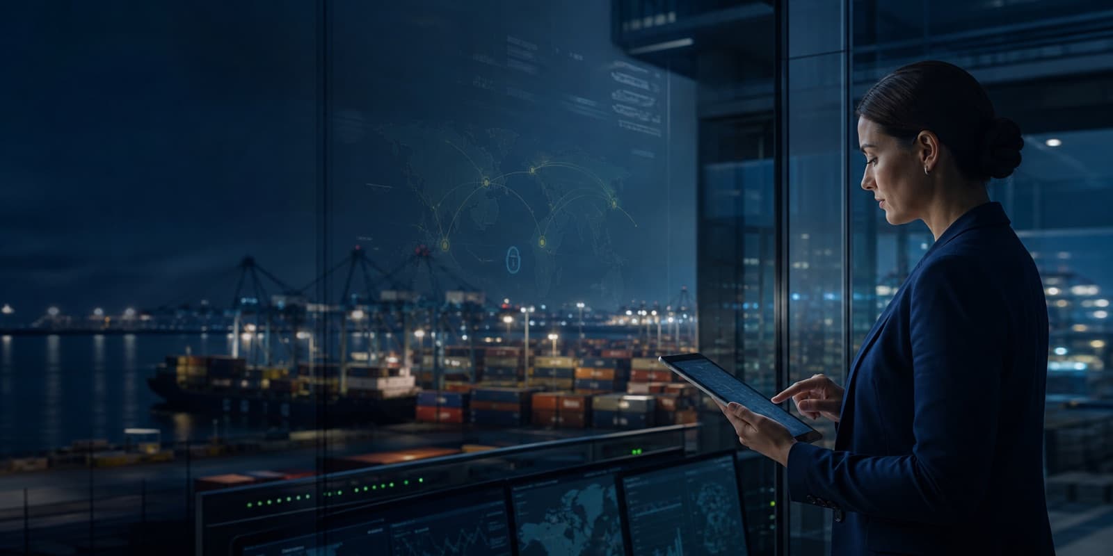 A logistics professional reviewing secure global shipment data at a port control center.