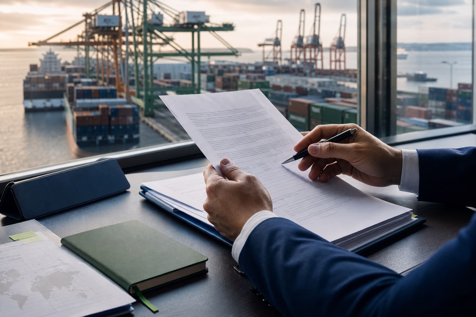A shipping professional reviewing cargo contract documents overlooking an ocean terminal.